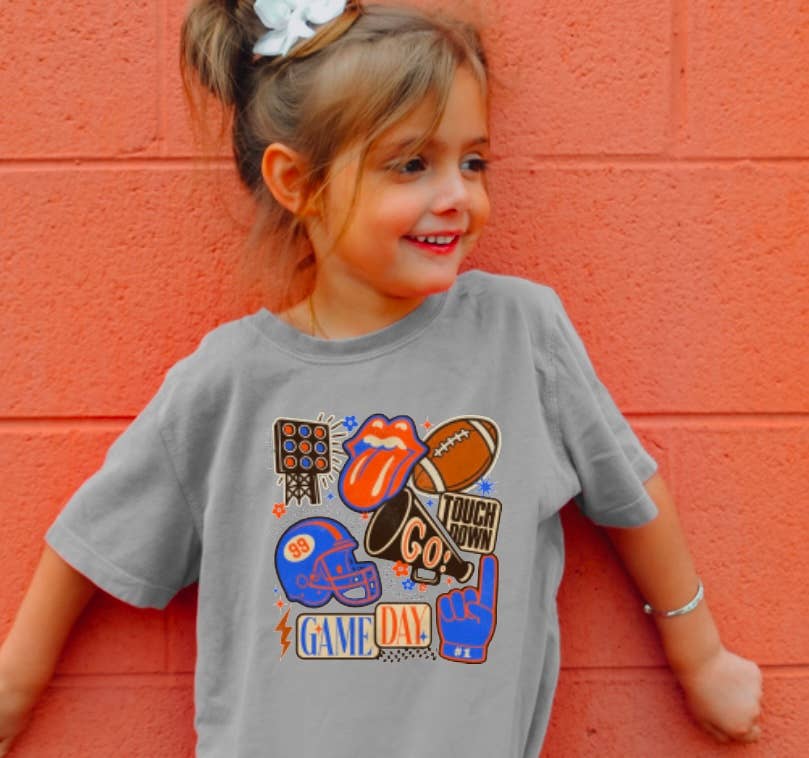 YOUTH Preppy Blue & Orange Football Game Day Tee Kids