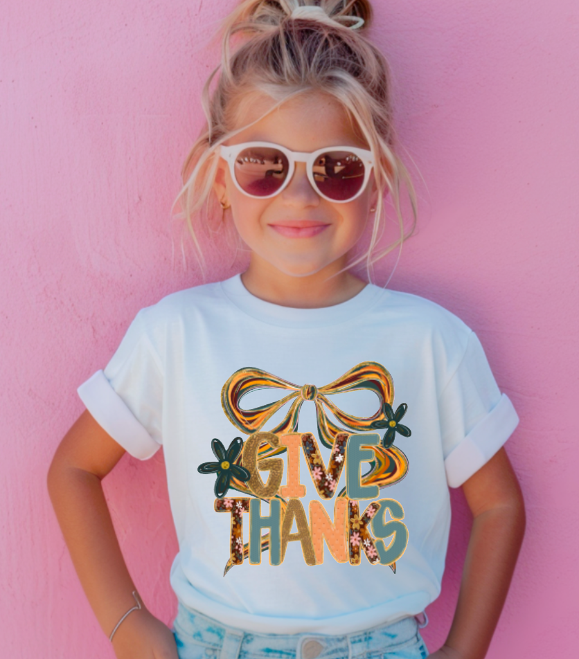 YOUTH Preppy Boho Floral Give Thanks Coquette Bow Tee Fall