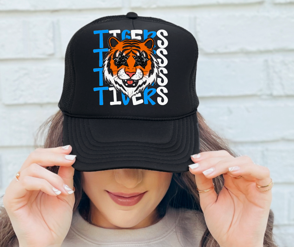 Blue & White Preppy Tiger Stacked Trucker Hat