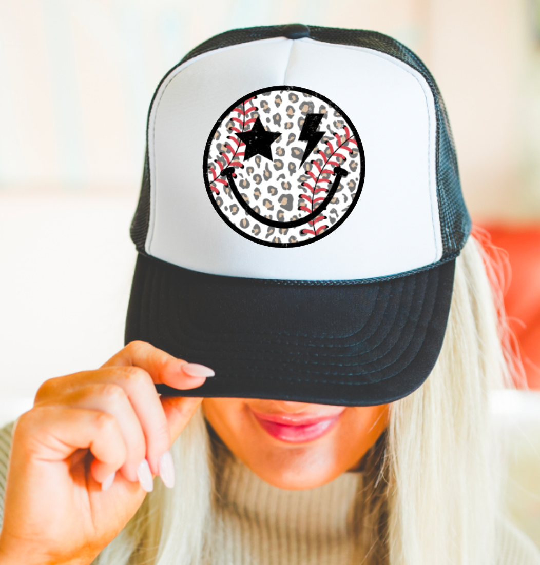 Leopard Baseball Smiley Face Trucker Hat