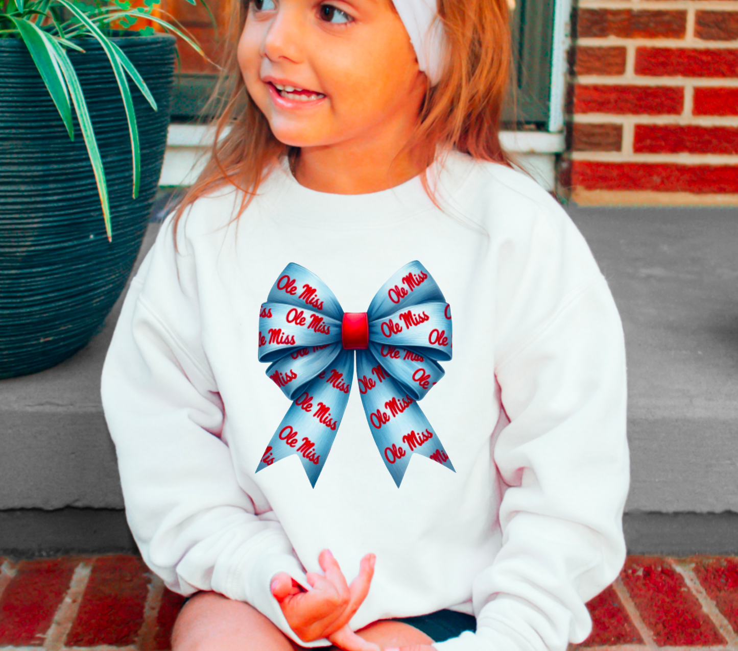 YOUTH Ole Miss Rebel Powder Blue Coquette Bow Sweatshirt