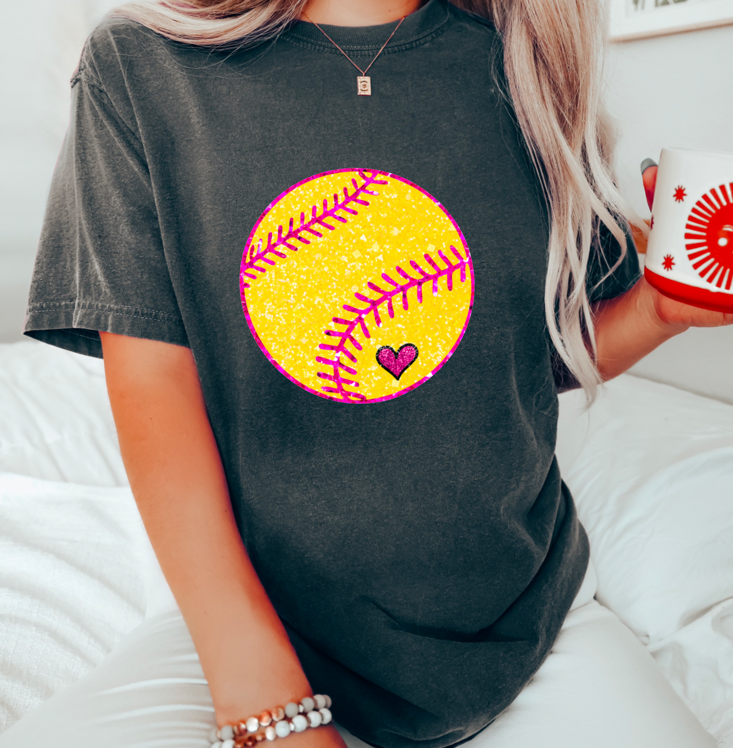 Sparkly Faux Glitter Softball Comfort Colors T-Shirt