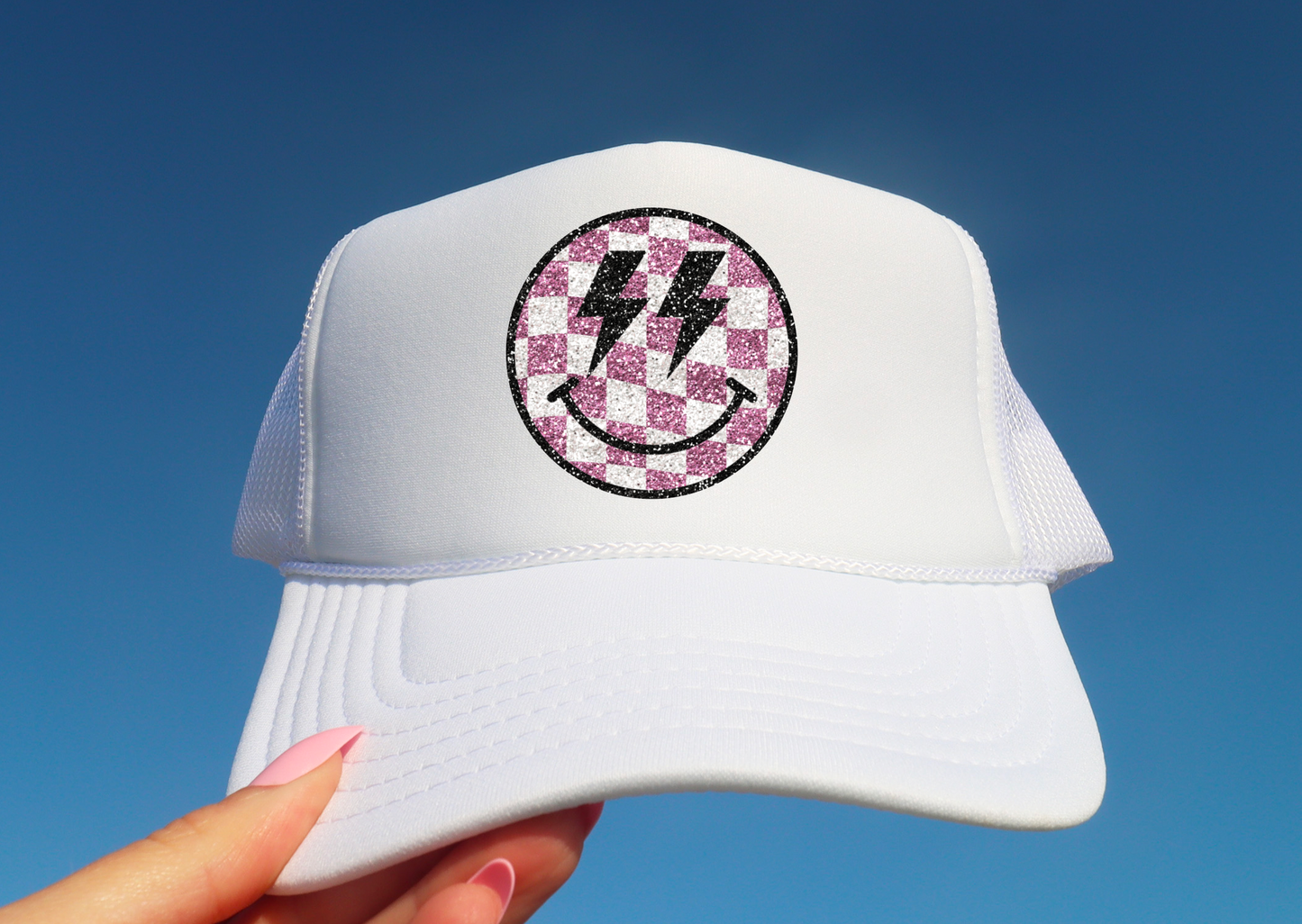 Faux Sequins Checker Smiley Face Trucker Hat