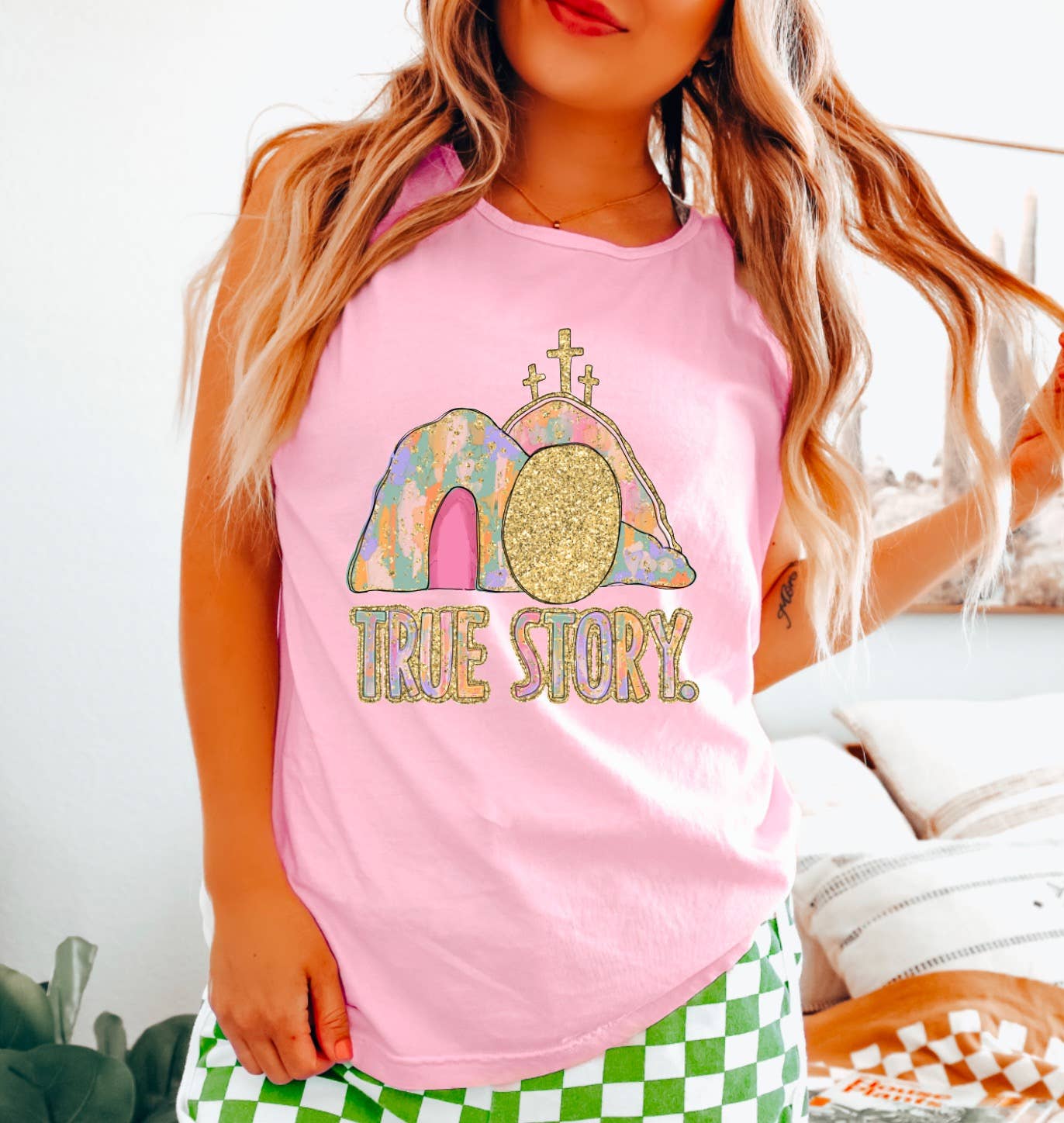 Faux Glitter True Story Tank Easter Faith