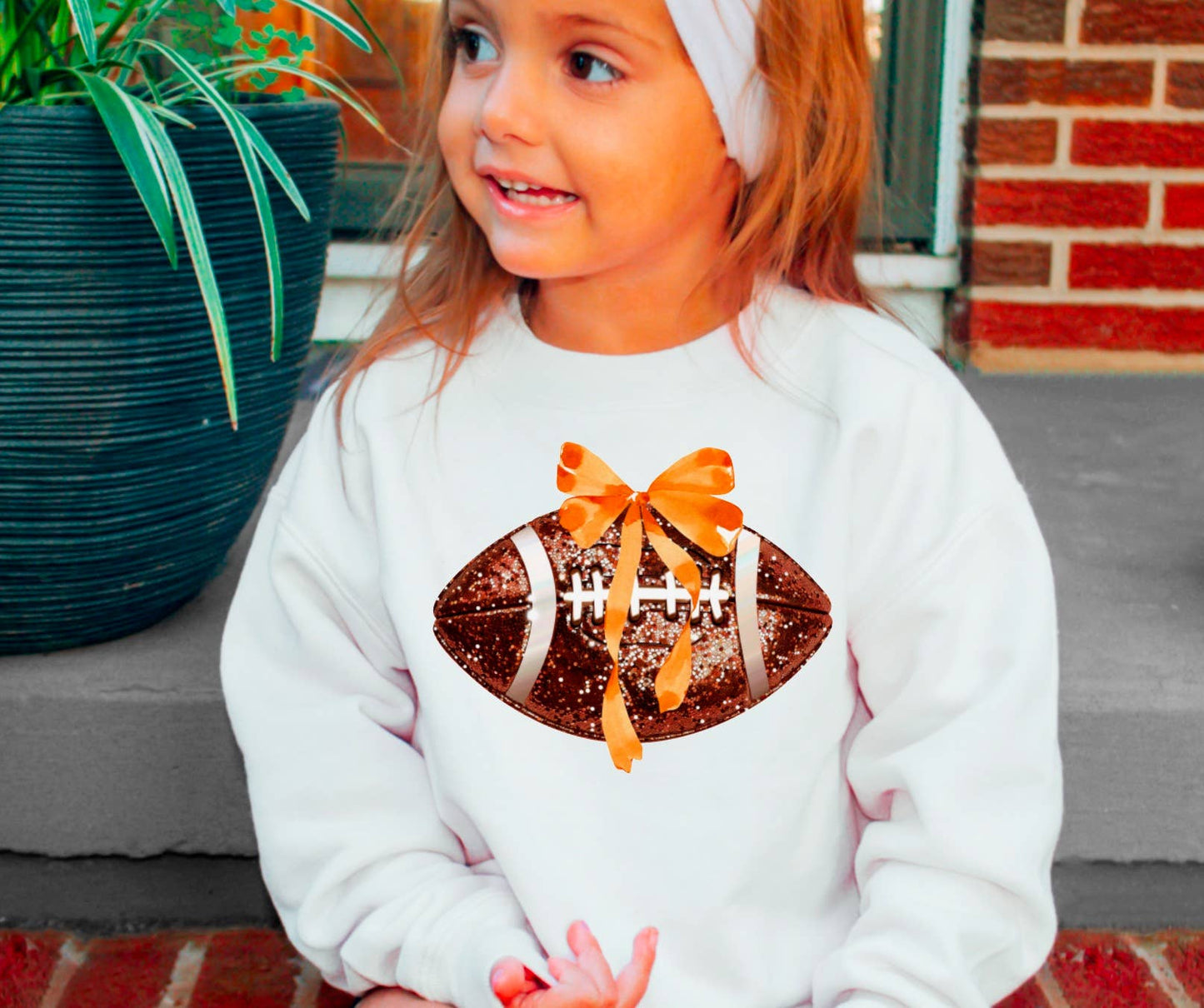 YOUTH Glitter Football Coquette Orange Bow Sweatshirt Kids
