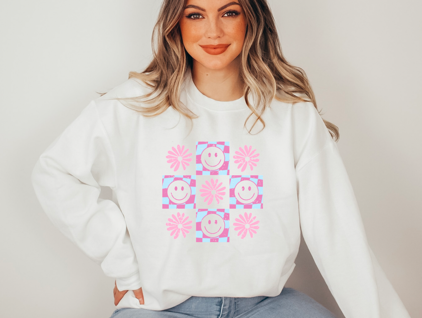 Retro Floral Checkerboard Gildan Sweatshirt