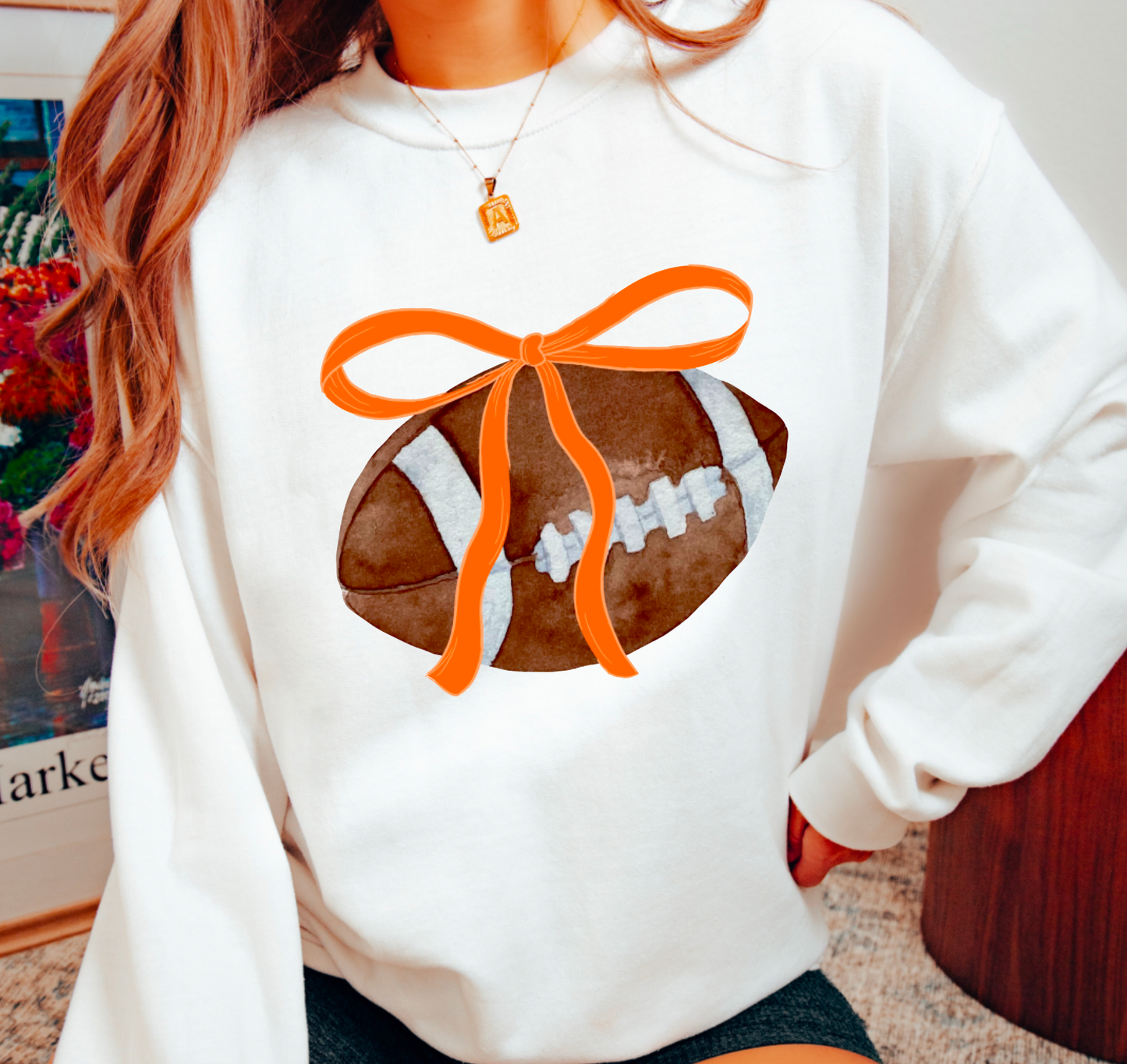 Coquette Orange Football Bow Game Day Sweatshirt
