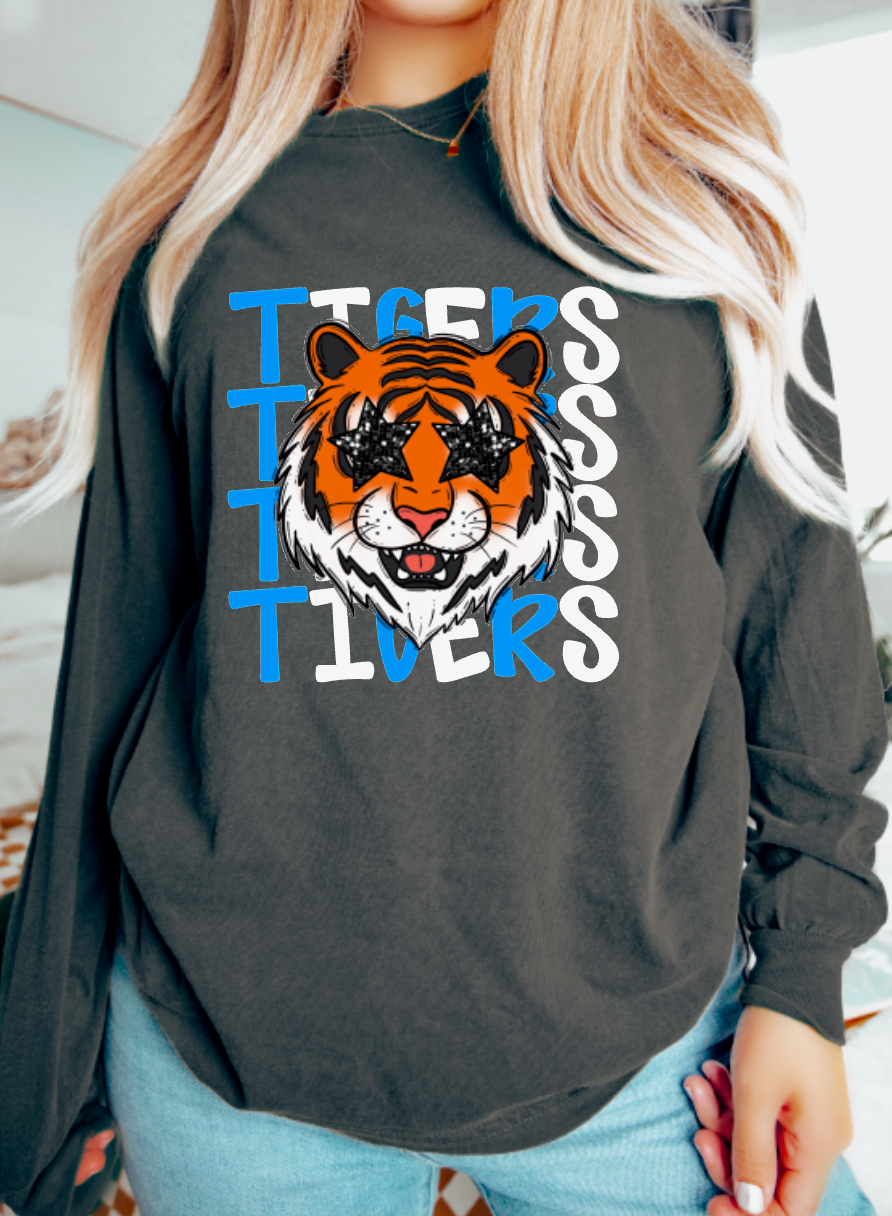Blue & White Preppy Tiger Stacked Long Sleeve Tee