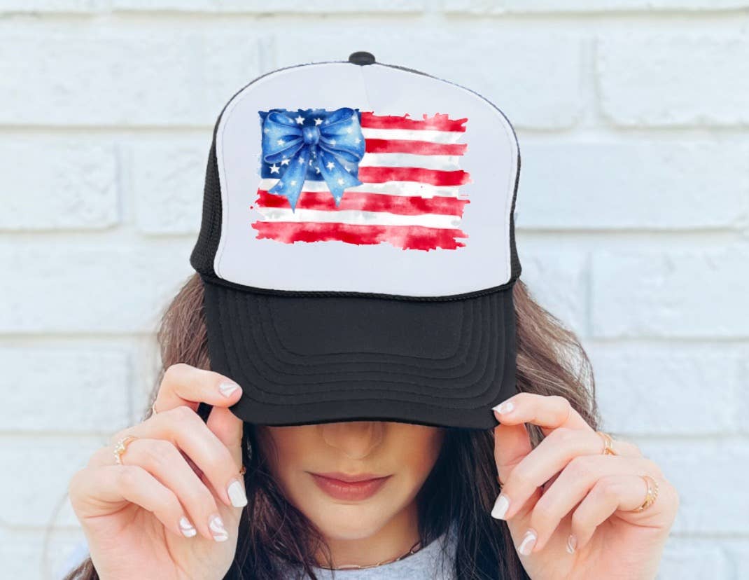 Preppy Watercolor American Flag Coquette Trucker Hat USA