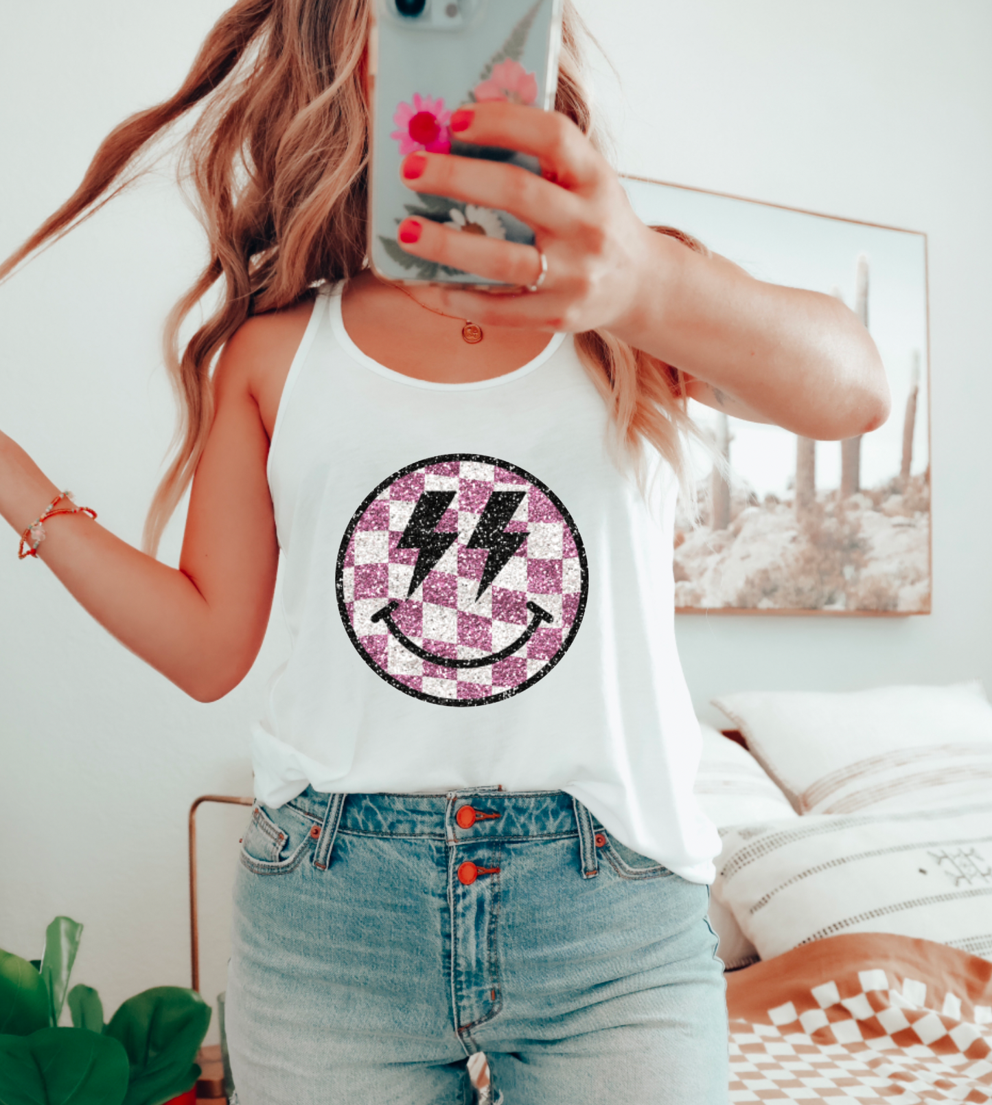 Faux Sequins Checker Smiley Face Tank Top