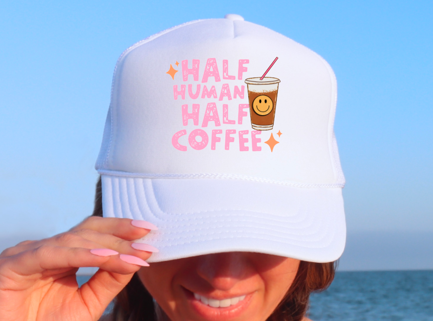 Half Human Half Coffee Smiley Face Trucker Hat