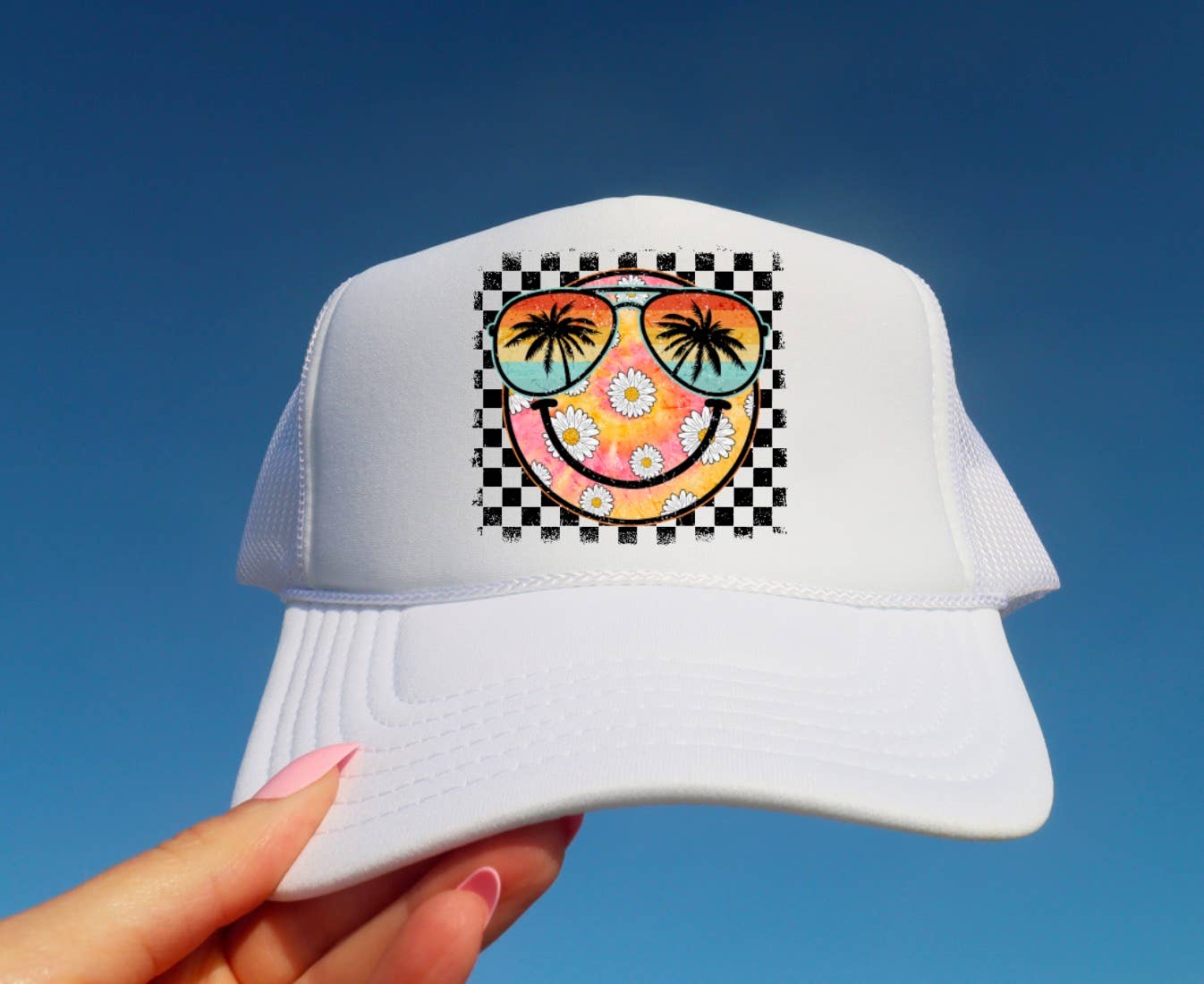 Distressed Summer Smiley Face Trucker Hat