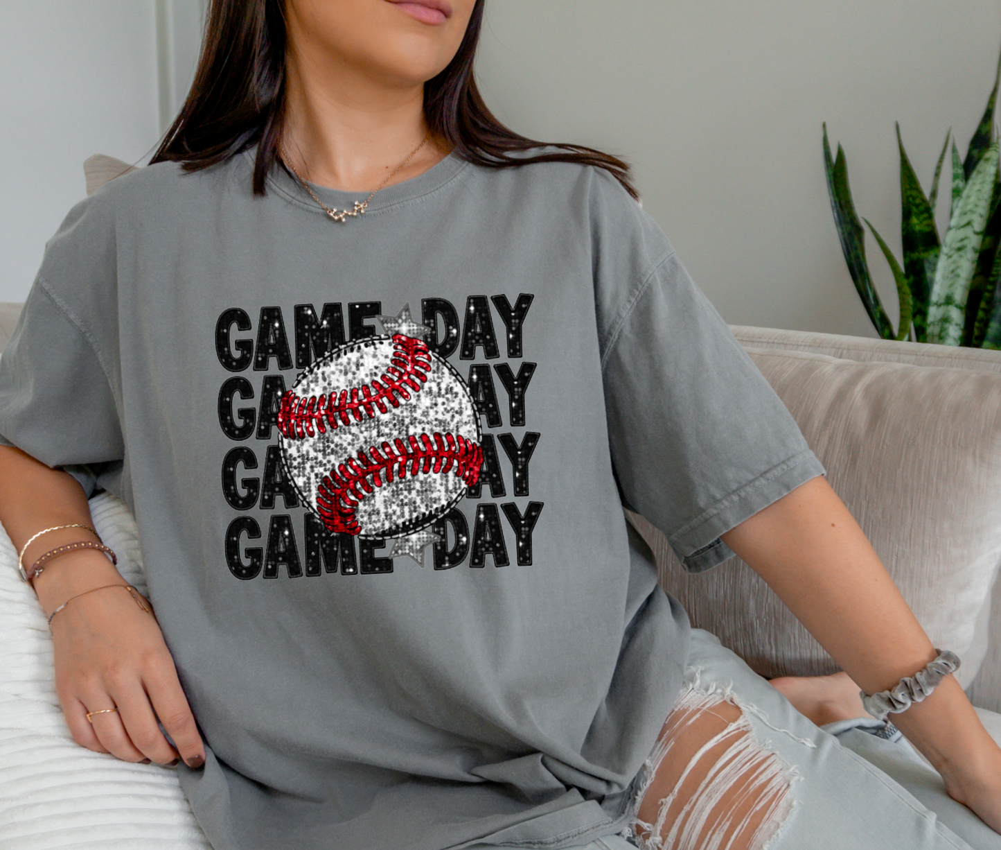 Faux Sequin Stacked Baseball Graphic Tee T-Shirt