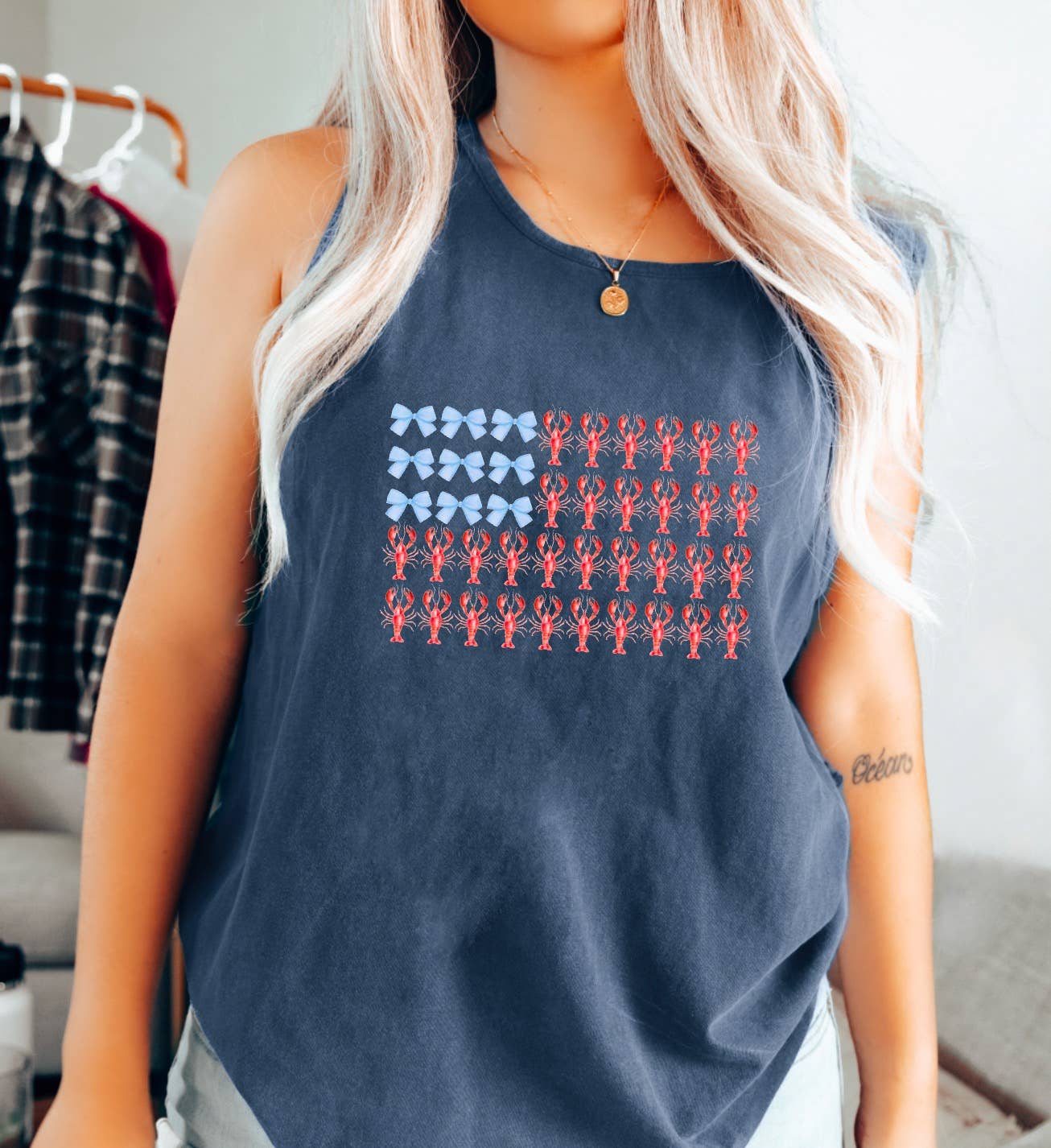 Preppy Coquette Crawfish Flag Tank Patriotic USA