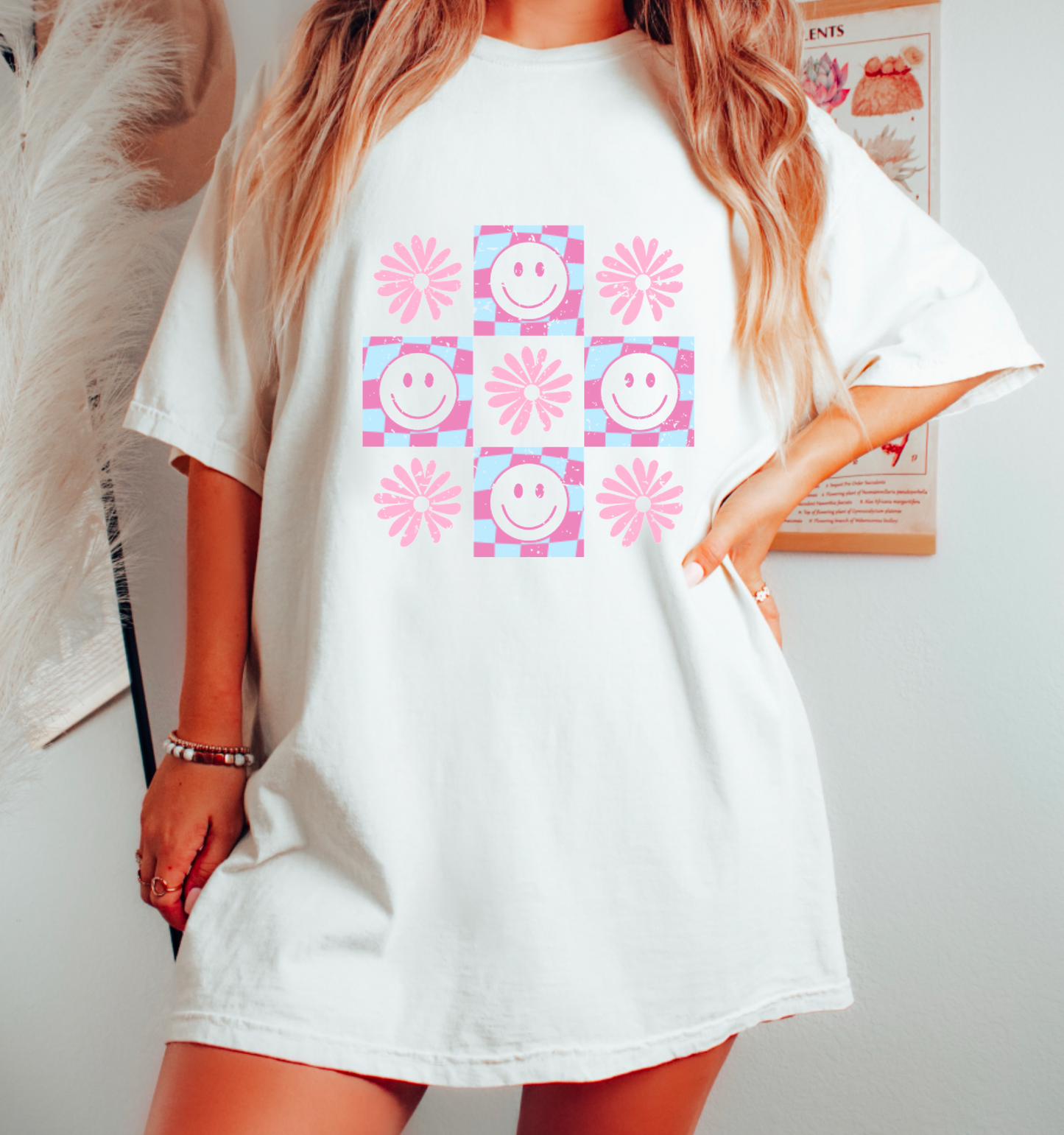 Retro Floral Checkerboard Gildan T-Shirt