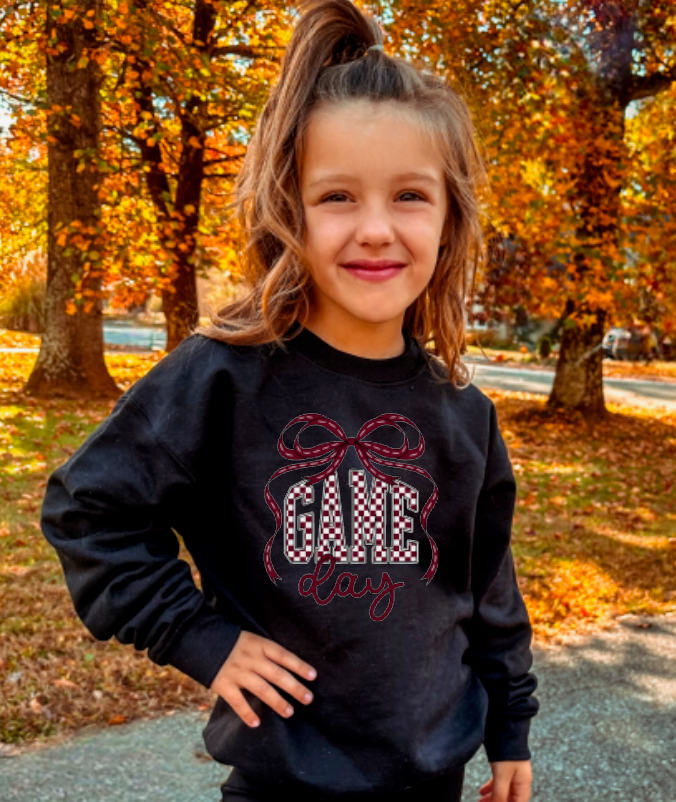 YOUTH Preppy Game Day Checker Coquette Bow Long Sleeve Kids