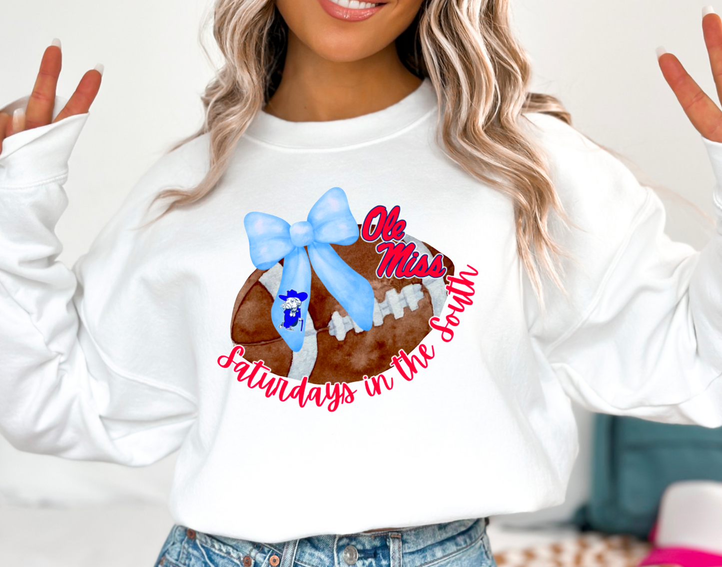 Ole Miss Football Powder Blue Coquette Sweatshirt