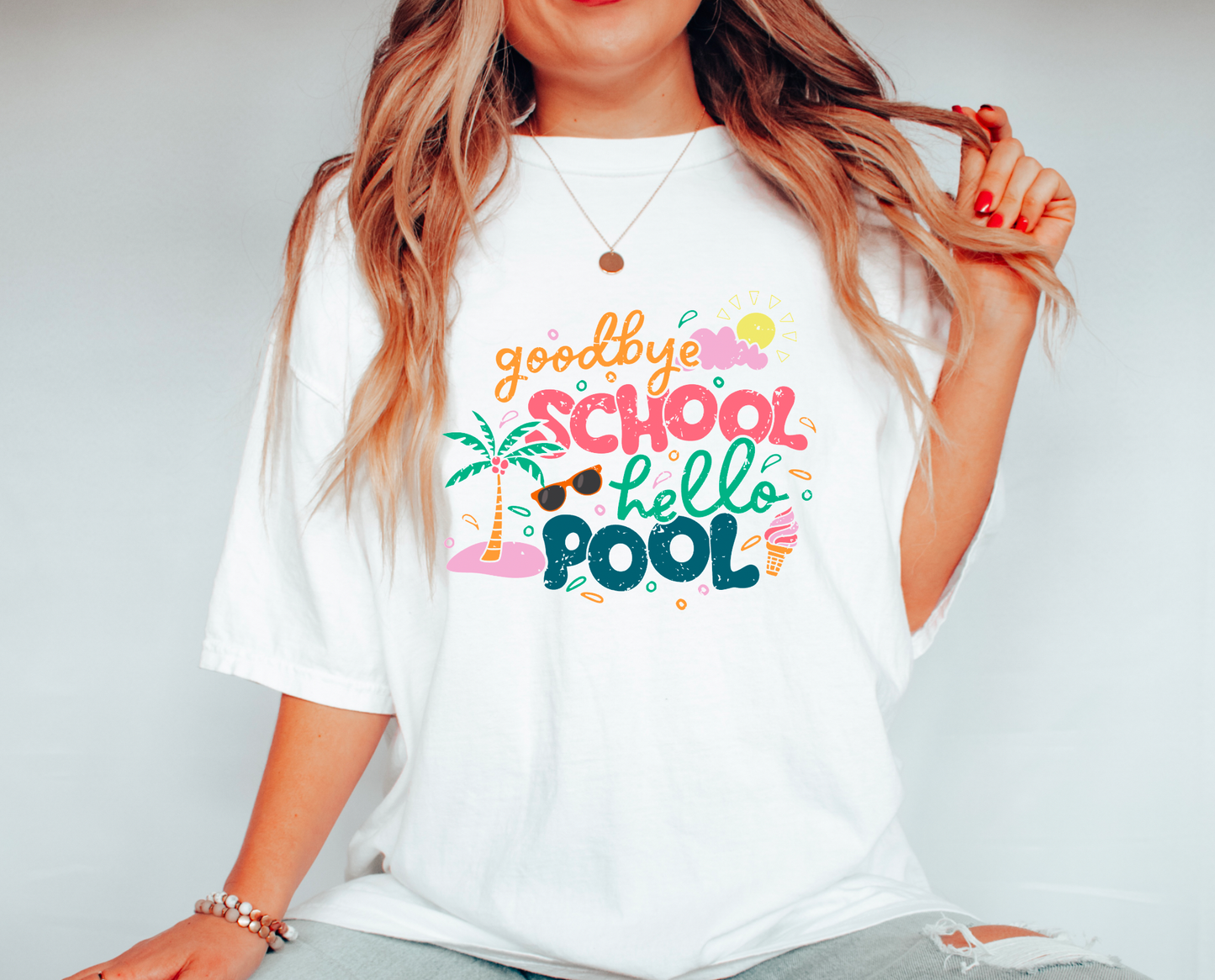 Retro Goodbye School Hello Pool Gildan T-Shirt Summer Tees