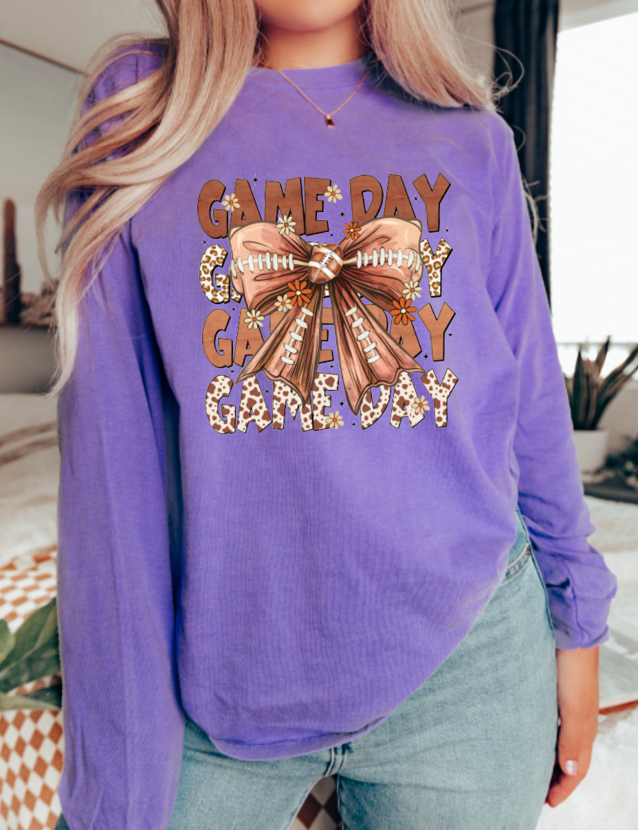Retro Game Day Stacked Coquette Bow Long Sleeve Football