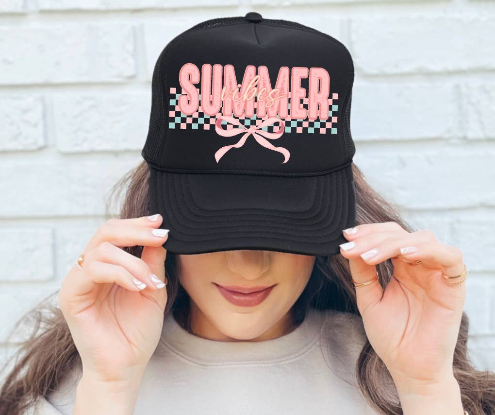 Summer Vibes Pastel Checker Coquette Bow Trucker Hat