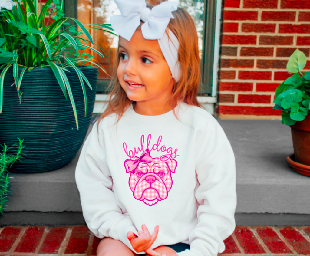 YOUTH Preppy Pink Plaid Coquette Bulldog Sweatshirt Kids