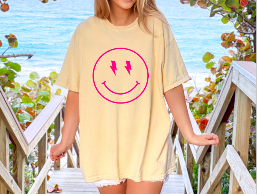 Pink Smiley Face Comfort Color Tee Women's Graphic Tee