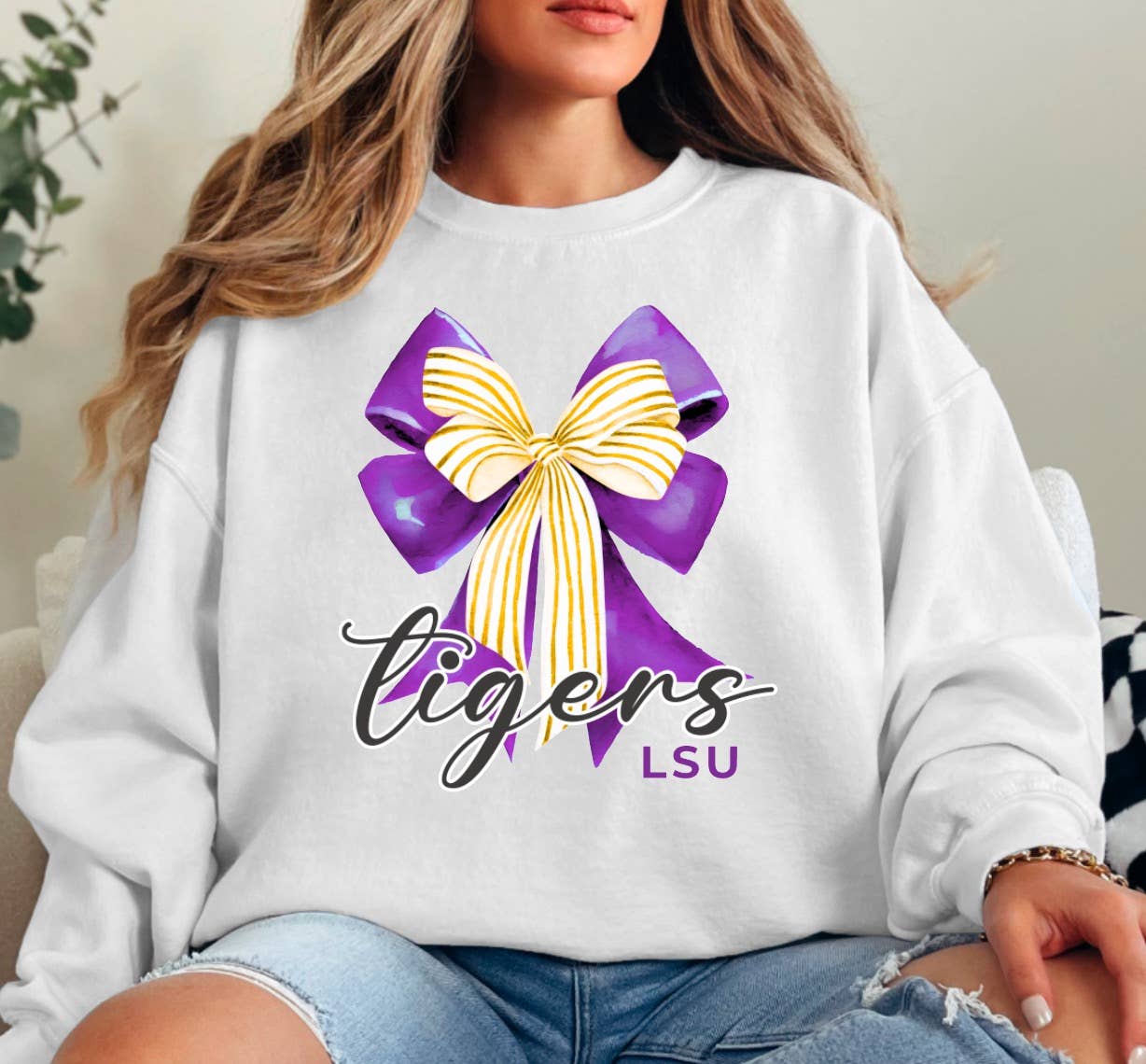 Preppy LSU Tigers Coquette Bow Sweatshirt