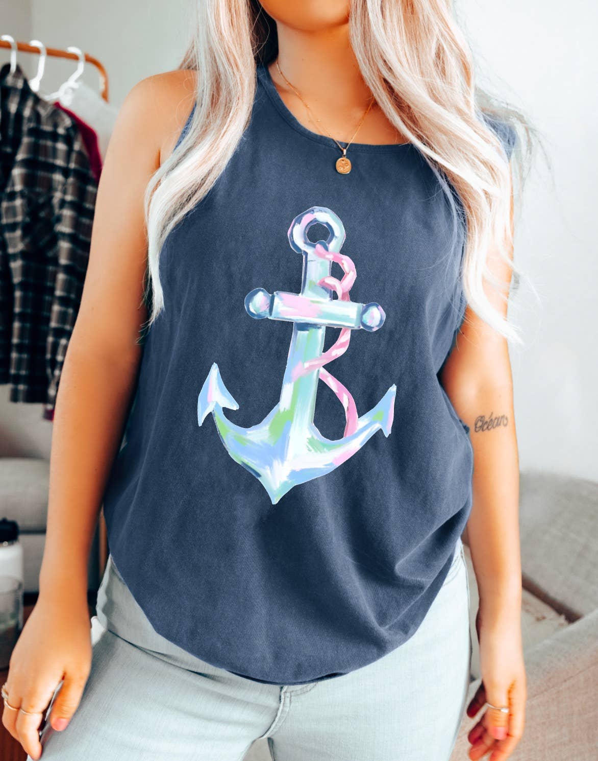 Preppy Watercolor Anchor Tank Summer Beach Lake