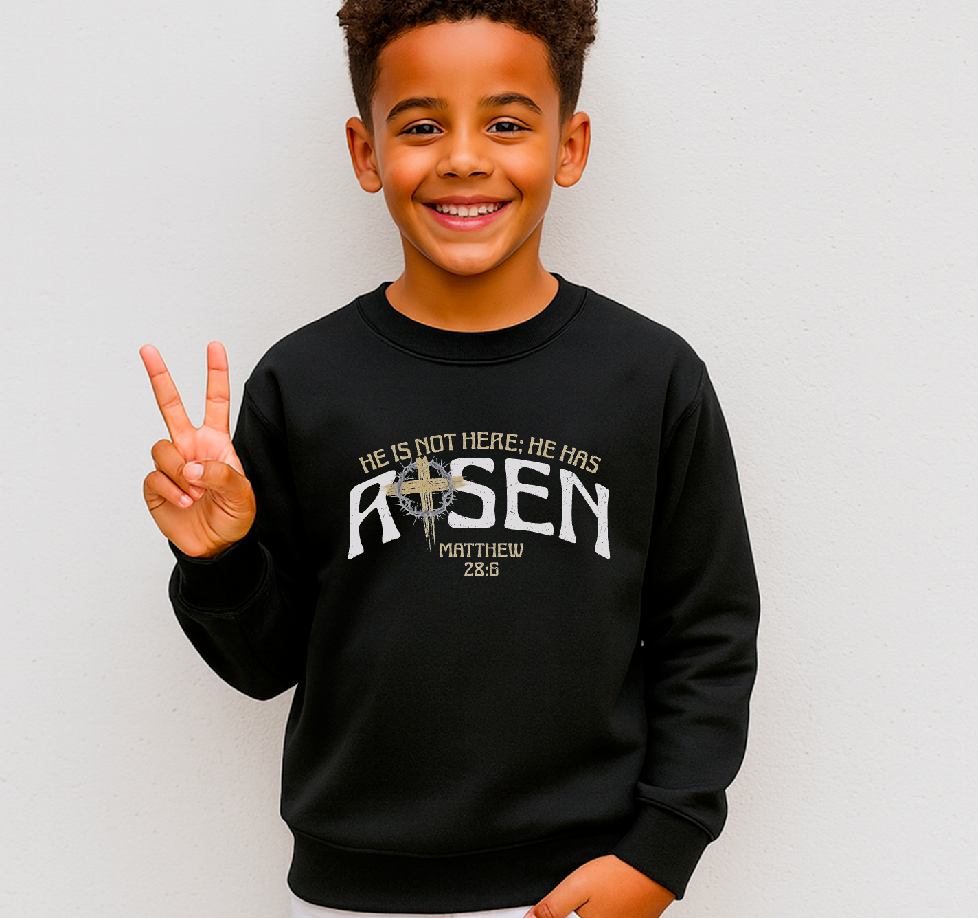 YOUTH He Has Risen Distressed Sweatshirt Faith Easter Kids