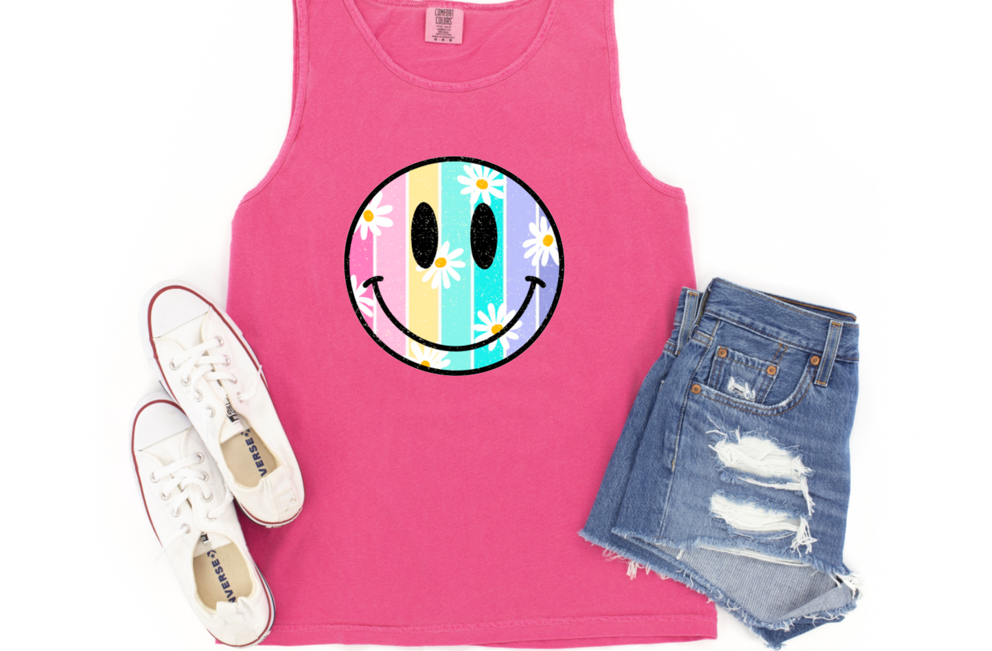 Colorful Daisy Smiley Face Comfort Colors Tank