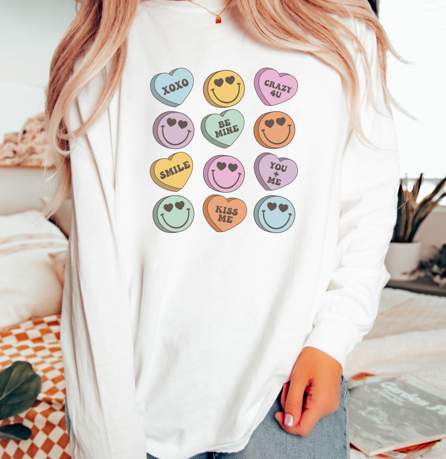 Retro Smiley Face Conversation Hearts Gildan Long Sleeve Tee