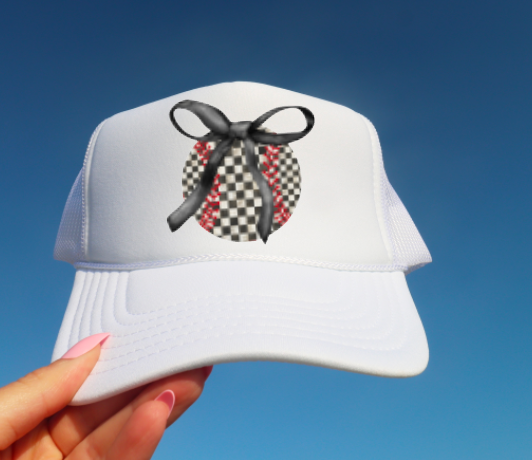 Preppy Baseball Coquette Bow Checker Trucker Hat Sports