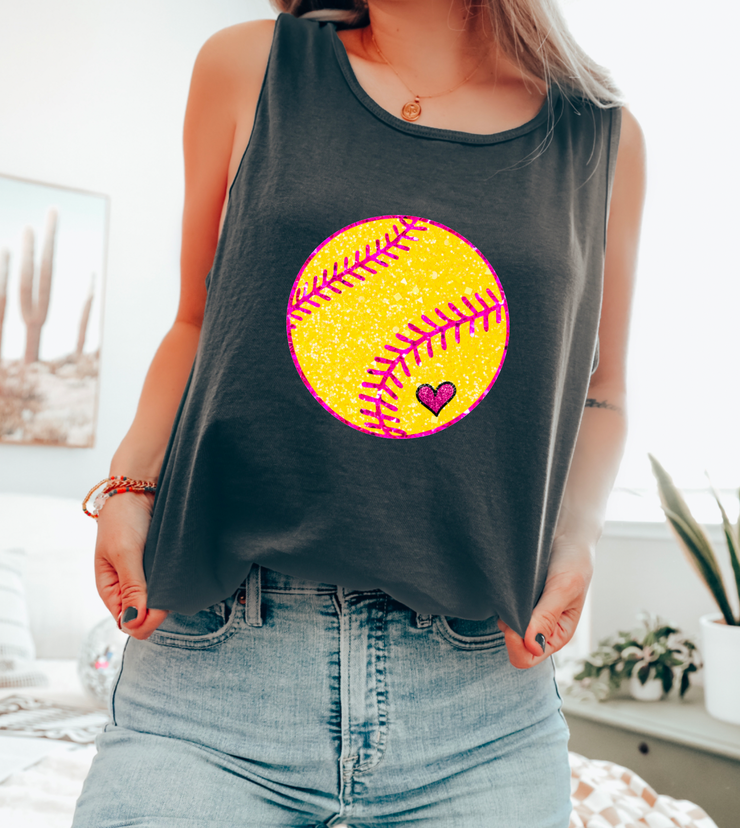 Sparkly Faux Glitter Softball Comfort Colors Tank Top