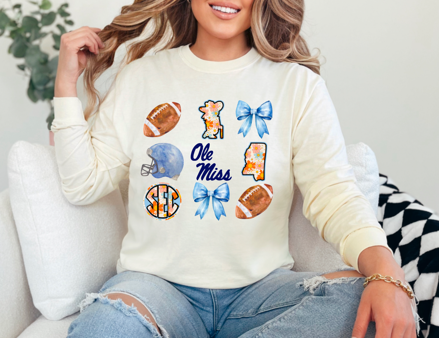 Ole Miss Floral Coquette Graphic Long Sleeve Tee Football