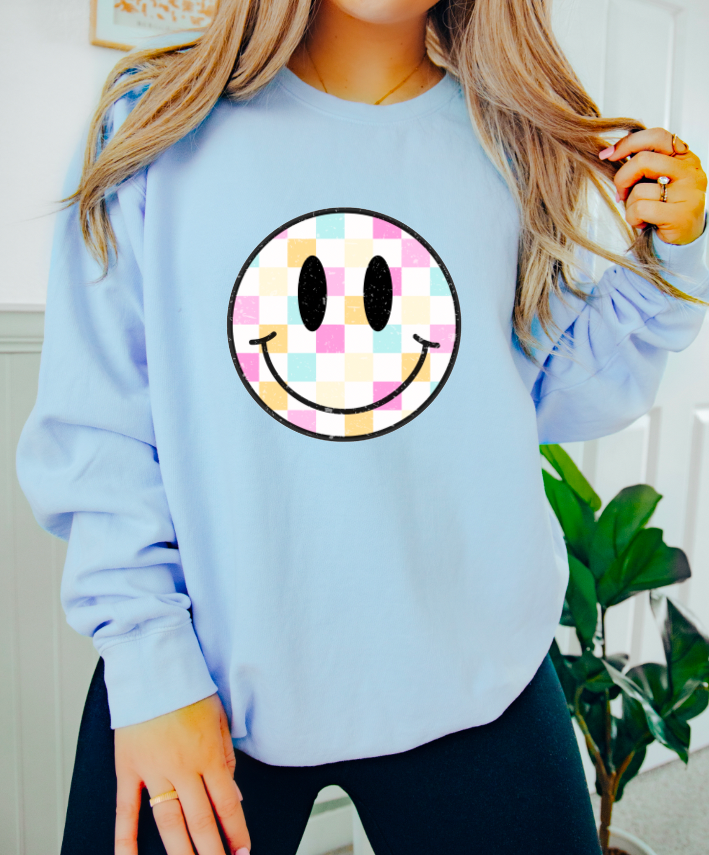Pastel Smiley Face Checker Sweatshirt | Summer