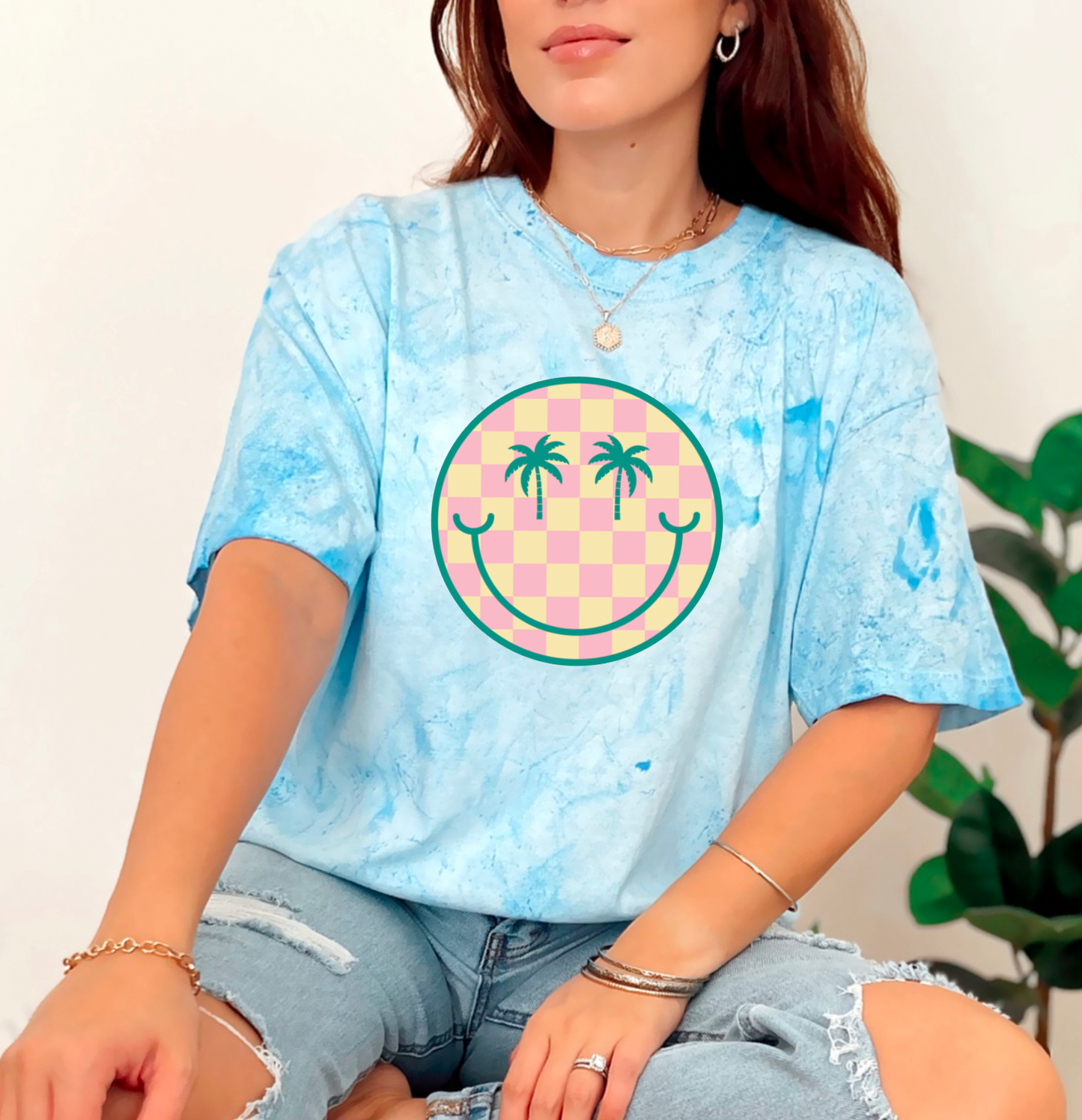Summer Smiley Face Checker Color Blast T-Shirt