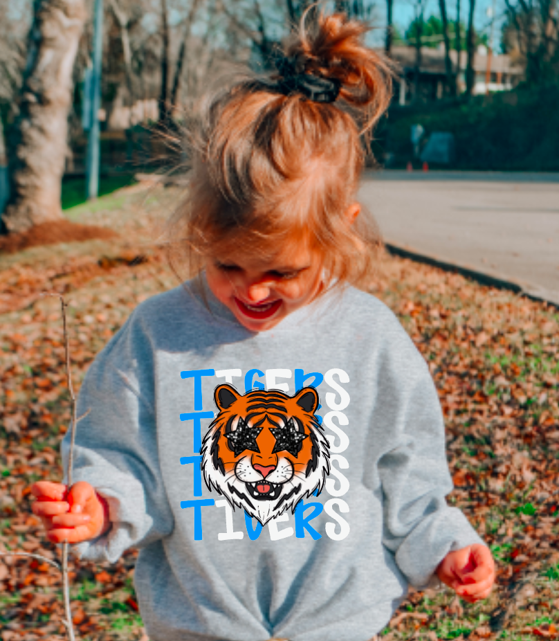 YOUTH Blue & White Preppy Tiger Stacked Sweatshirt Kids