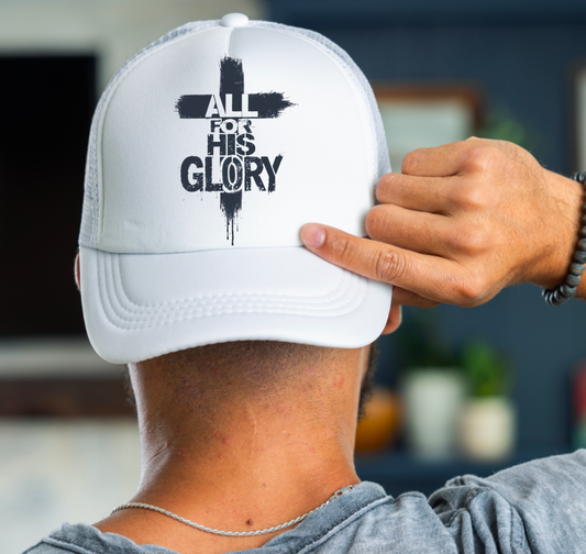 All For His Glory Distressed Cross Trucker Hat Men’s Faith 
