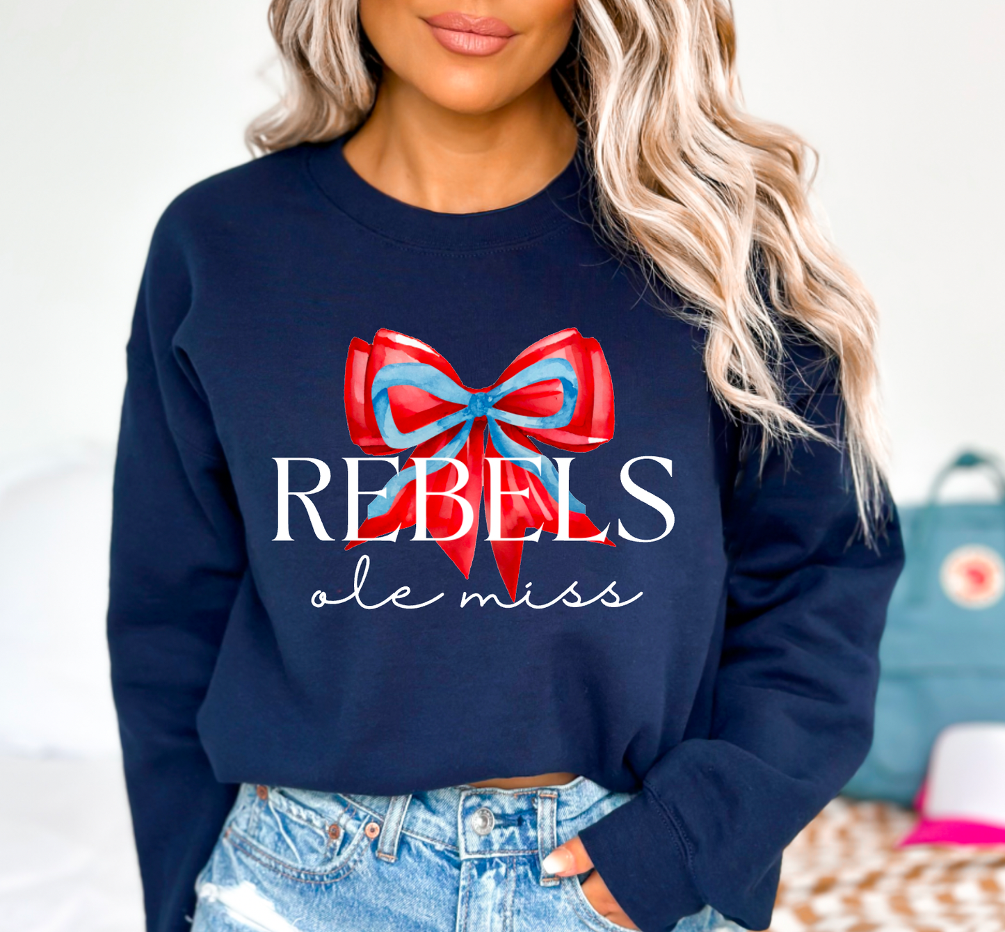Preppy Ole Miss Rebels Coquette Bow Football Sweatshirt 