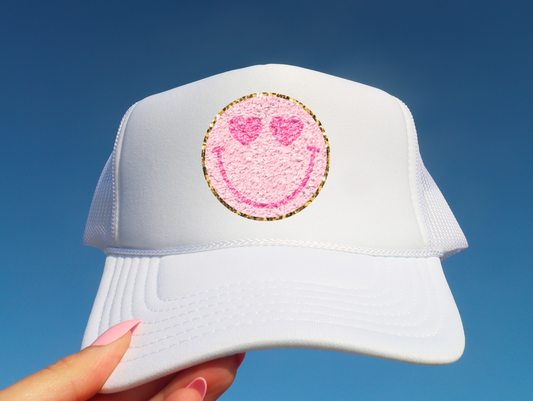 Faux Chenille Smiley Face Heart Trucker Hat