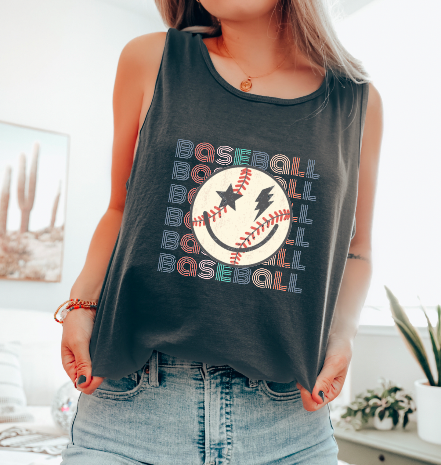 Retro Baseball Smiley Face Tank Top | Baseball