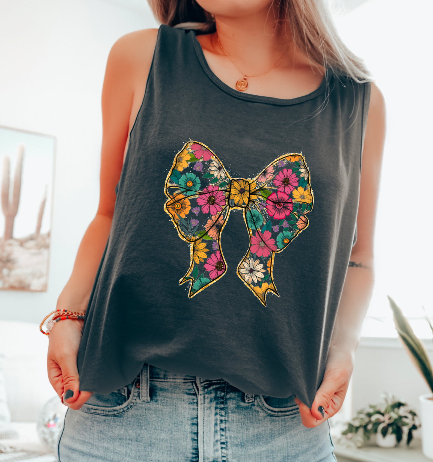 Boho Floral Coquette Bow Tank Top 