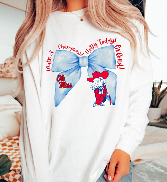 Ole Miss Coquette Powder Blue Bow Long Sleeve Tee