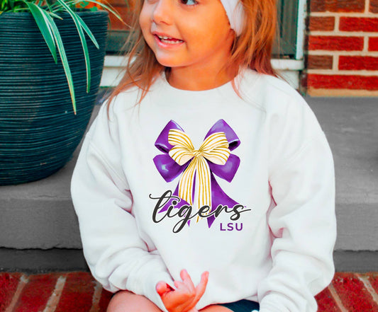 YOUTH Preppy LSU Tigers Coquette Bow Sweatshirt Kids 