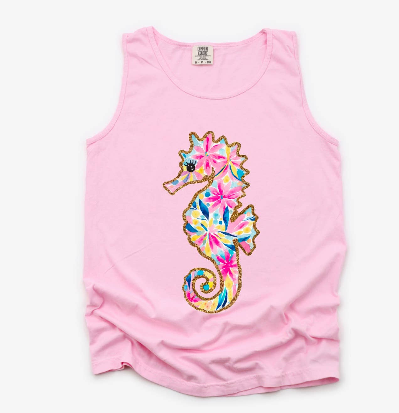 Watercolor Faux Glitter Sea Horse Tank Summer Beach 