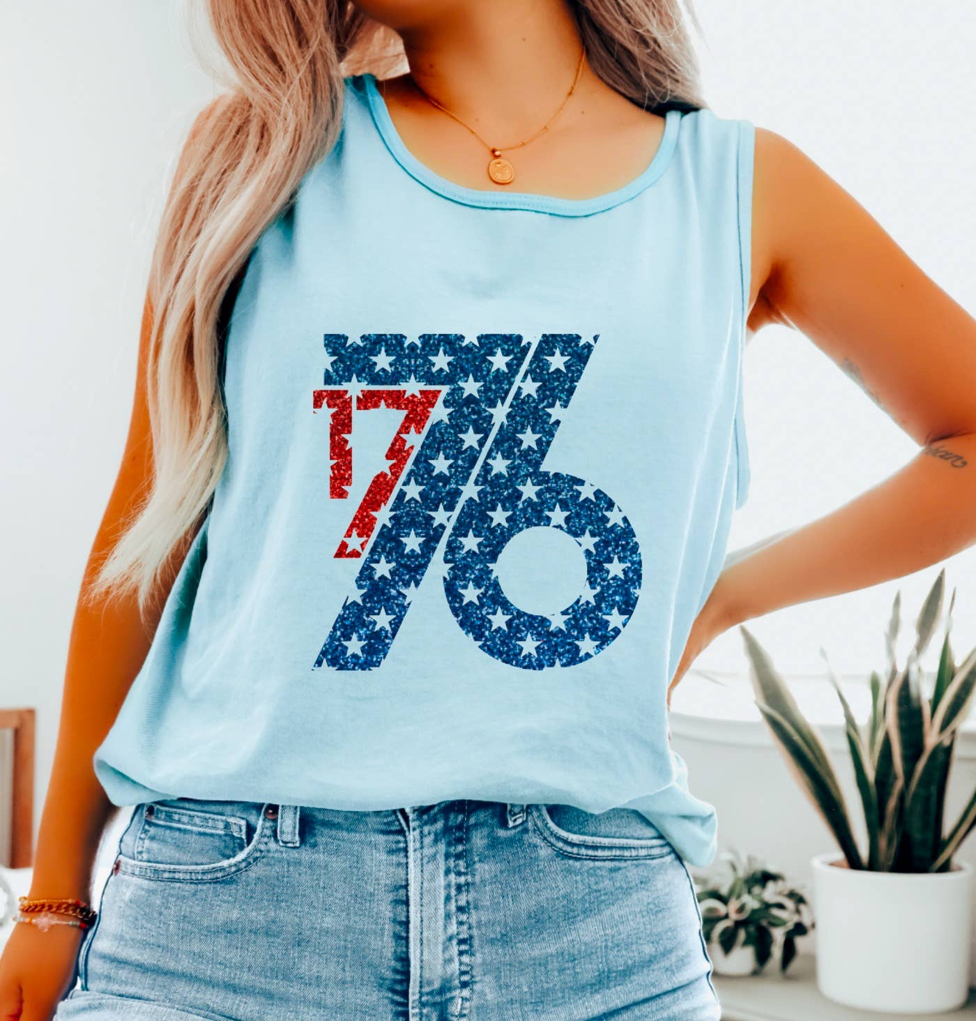 Faux Glitter 1776 Tank USA 4th Of July America