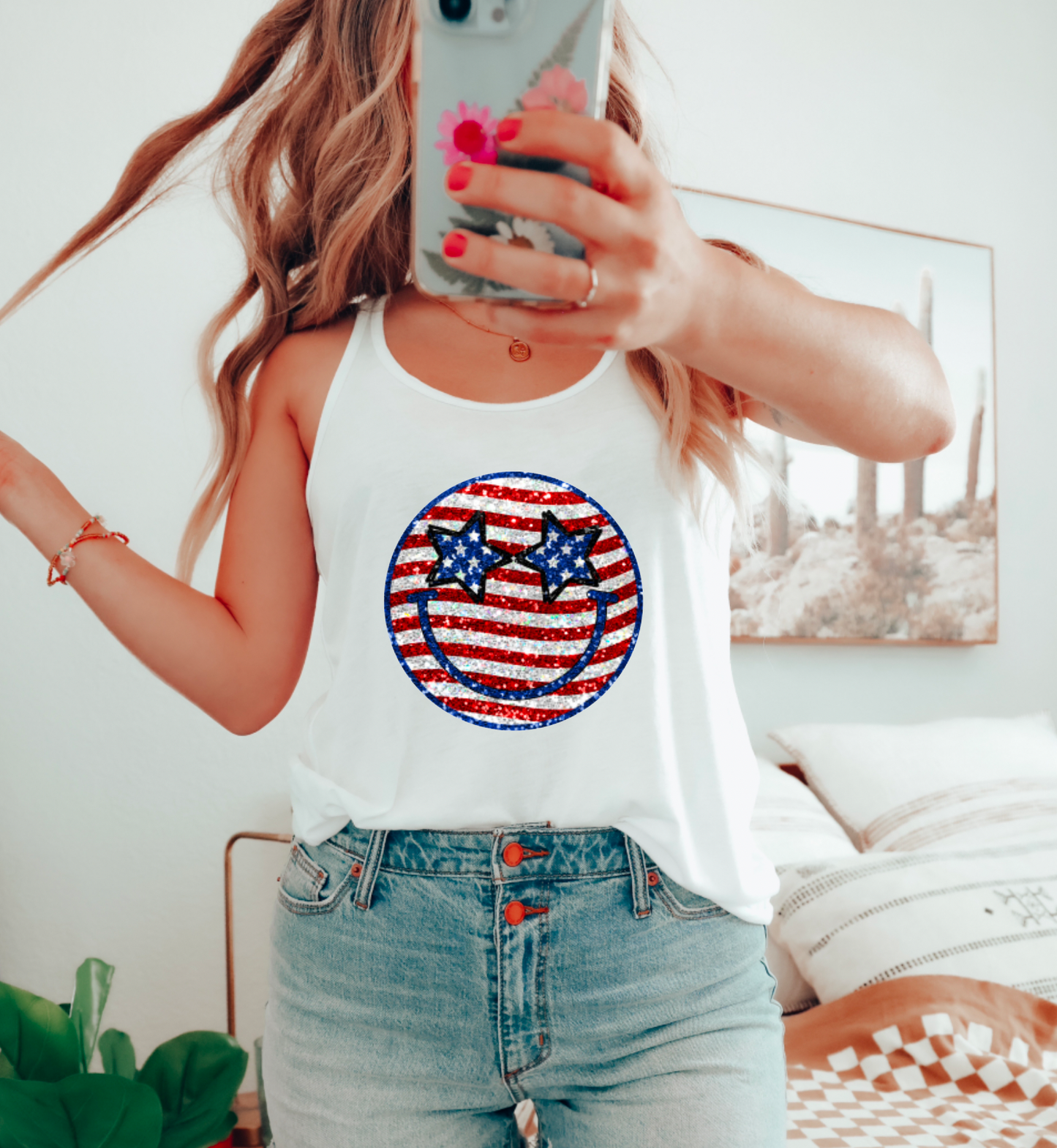 Faux Sequins Stars and Stripes Smiley Face Tank Top