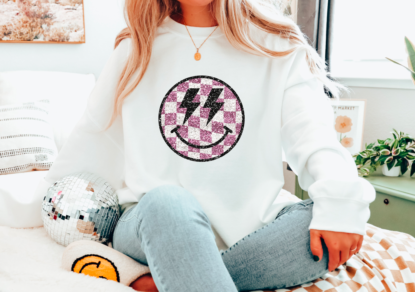 Faux Sequins Checker Smiley Face Gildan Sweatshirt