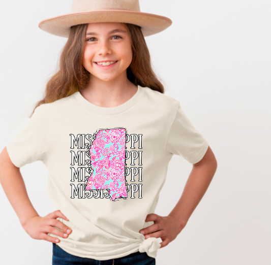 YOUTH Floral Colorful Mississippi Stacked Tee States Kids