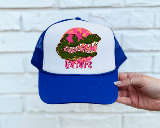 Preppy Pink Checker Gators Trucker Hat 